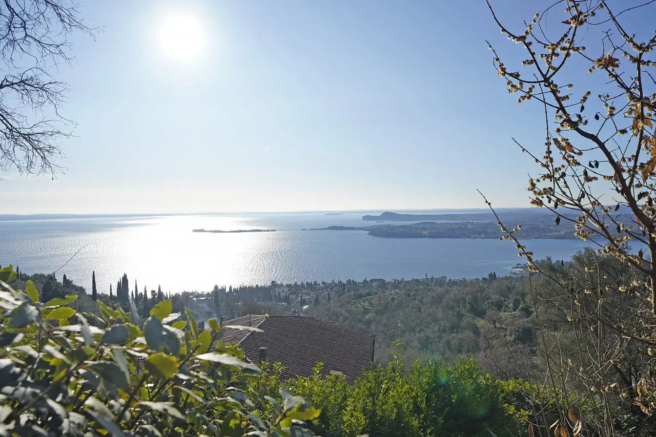 Vista panoramica del lago con vegetazione e tetto in primo piano