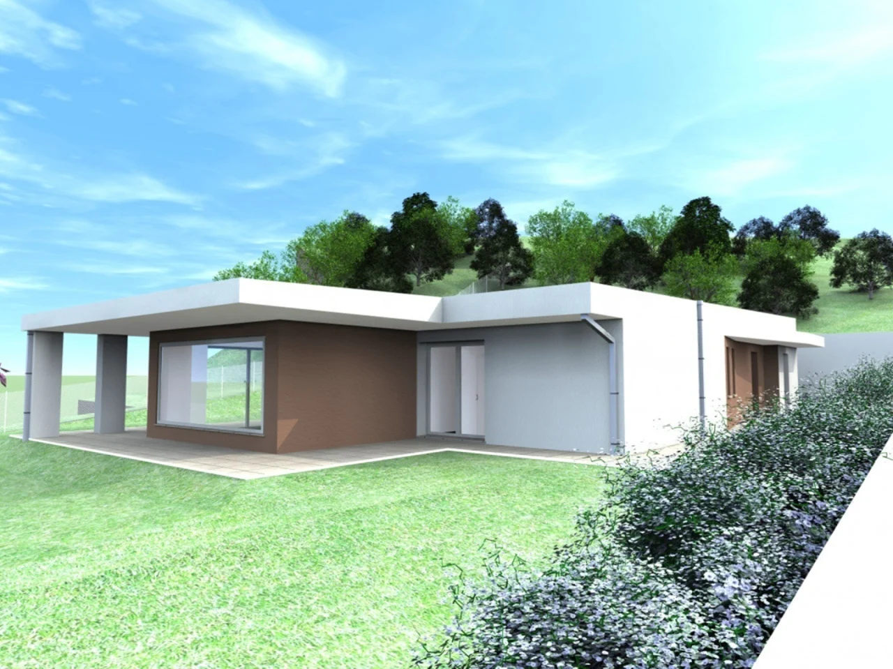 Render esterno di casa moderna con giardino e colline sullo sfondo