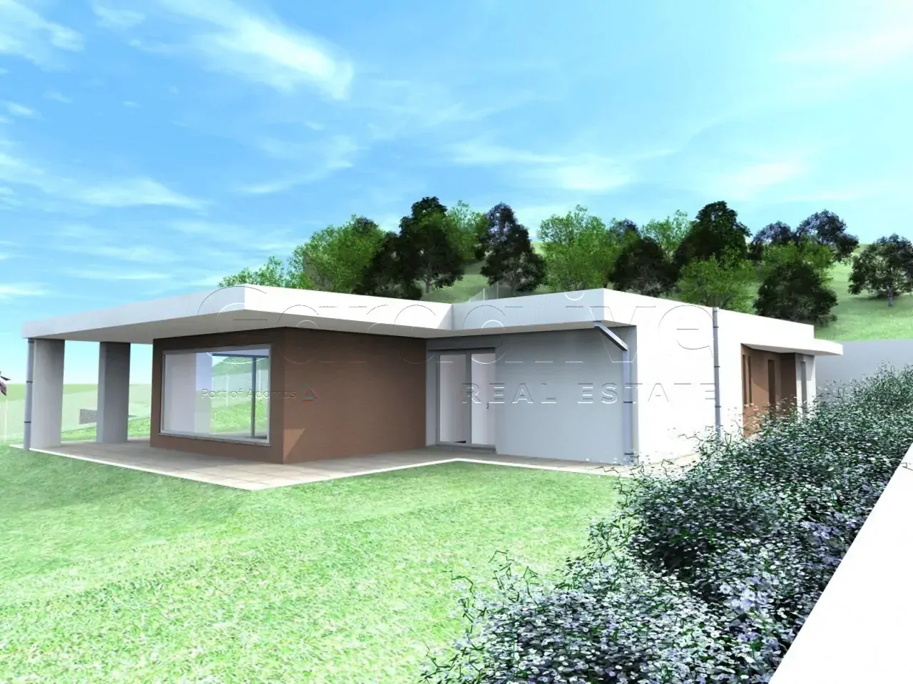 Externer Render eines modernen Hauses mit Garten und Hügeln im Hintergrund