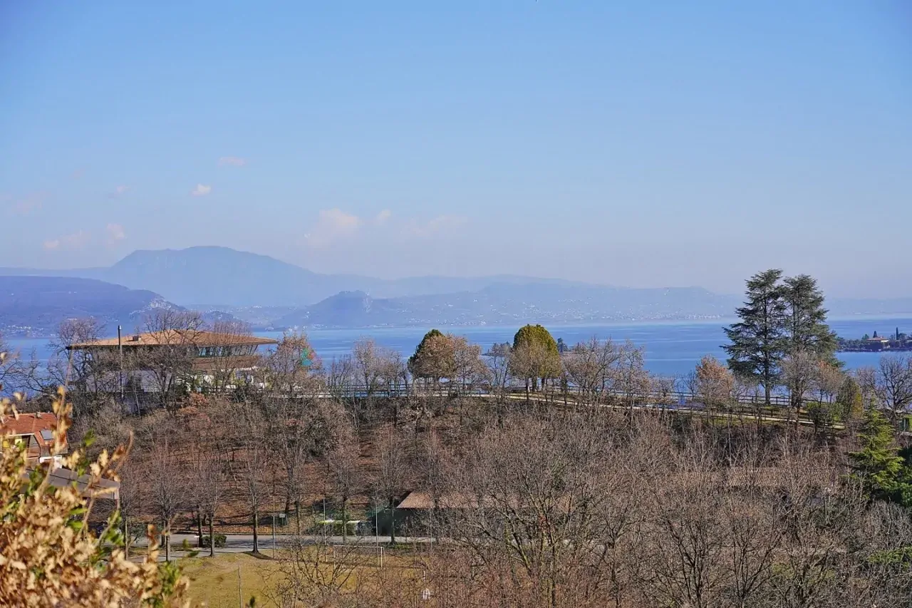 Panoramablick auf den See mit Bäumen und Hügeln