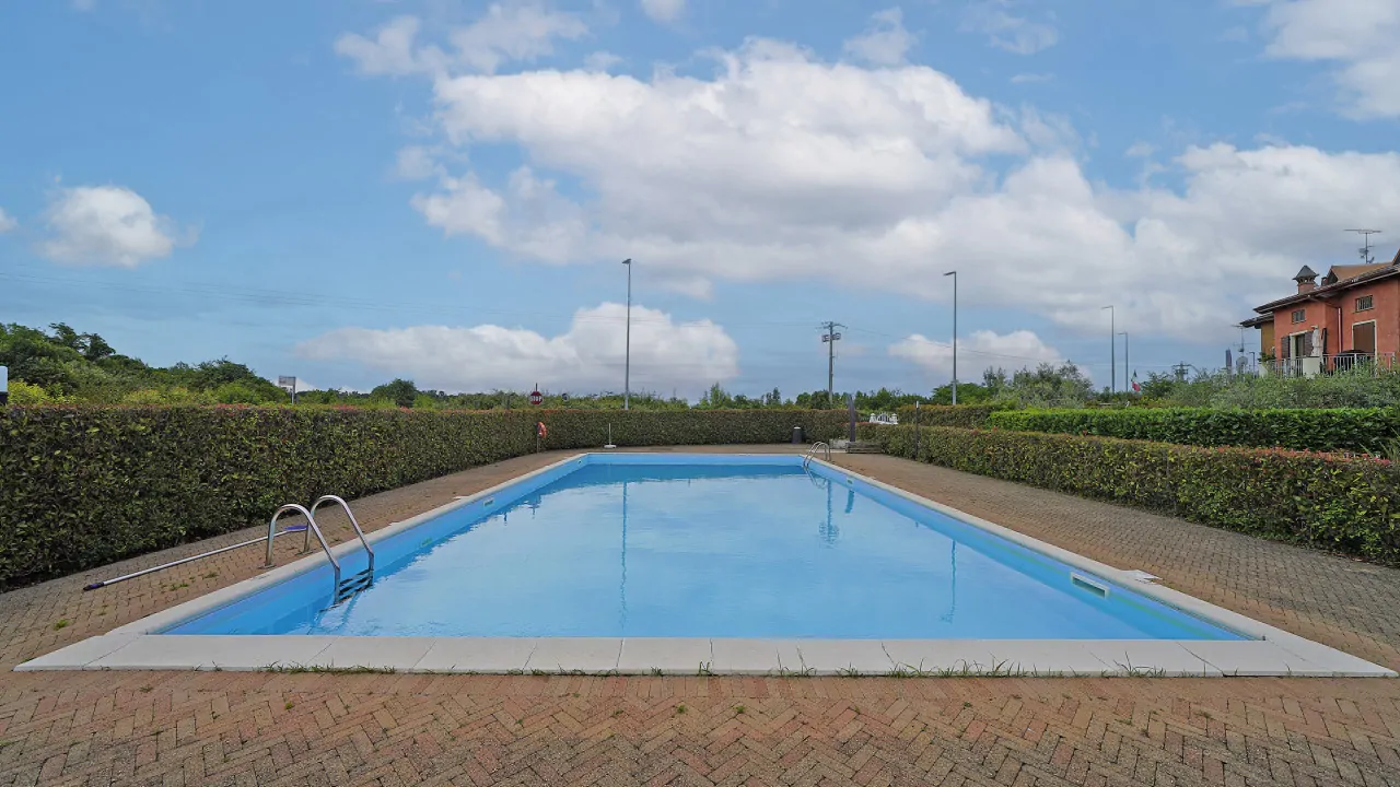 Rectangular outdoor swimming pool with white edge and hedges around