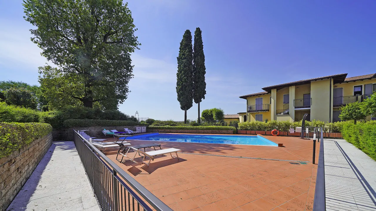 Swimming pool with sun loungers and trees in the background