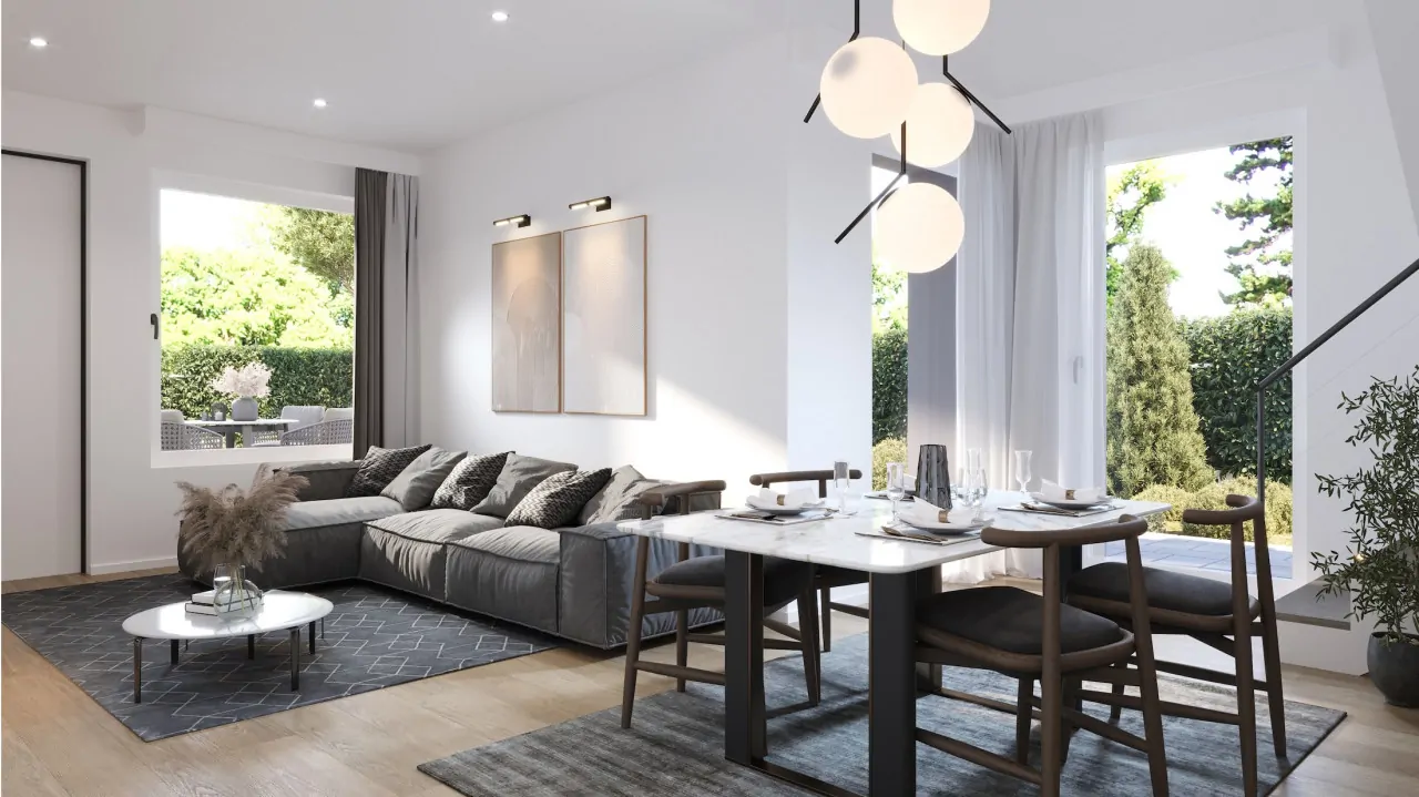 Living room with corner sofa and dining table near large windows