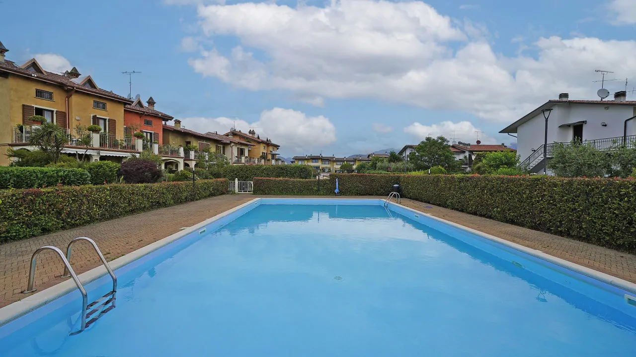 Rectangular swimming pool in residence with hedges and houses in background