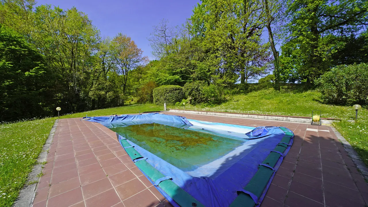 Pool covered with blue tarp and green water