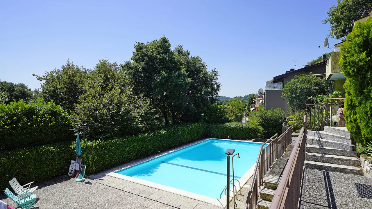 Rectangular swimming pool in residence with surrounding hedges and trees