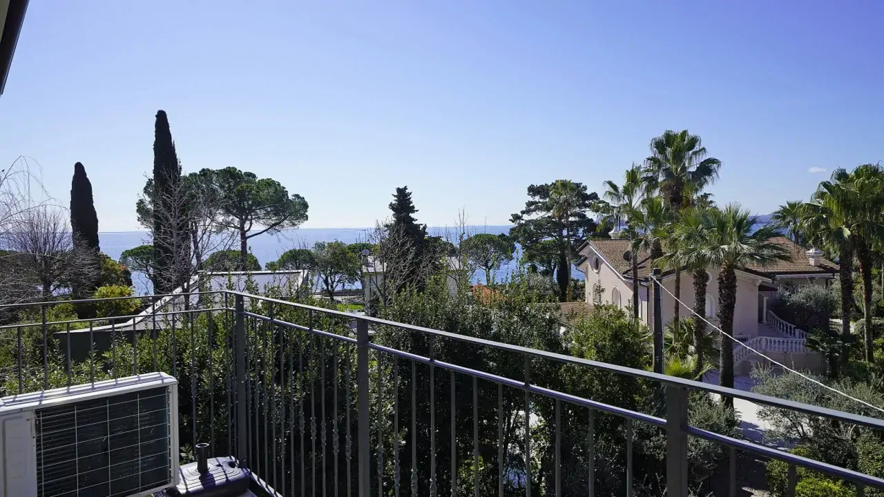Balcone con ringhiera e vista sul lago tra gli alberi