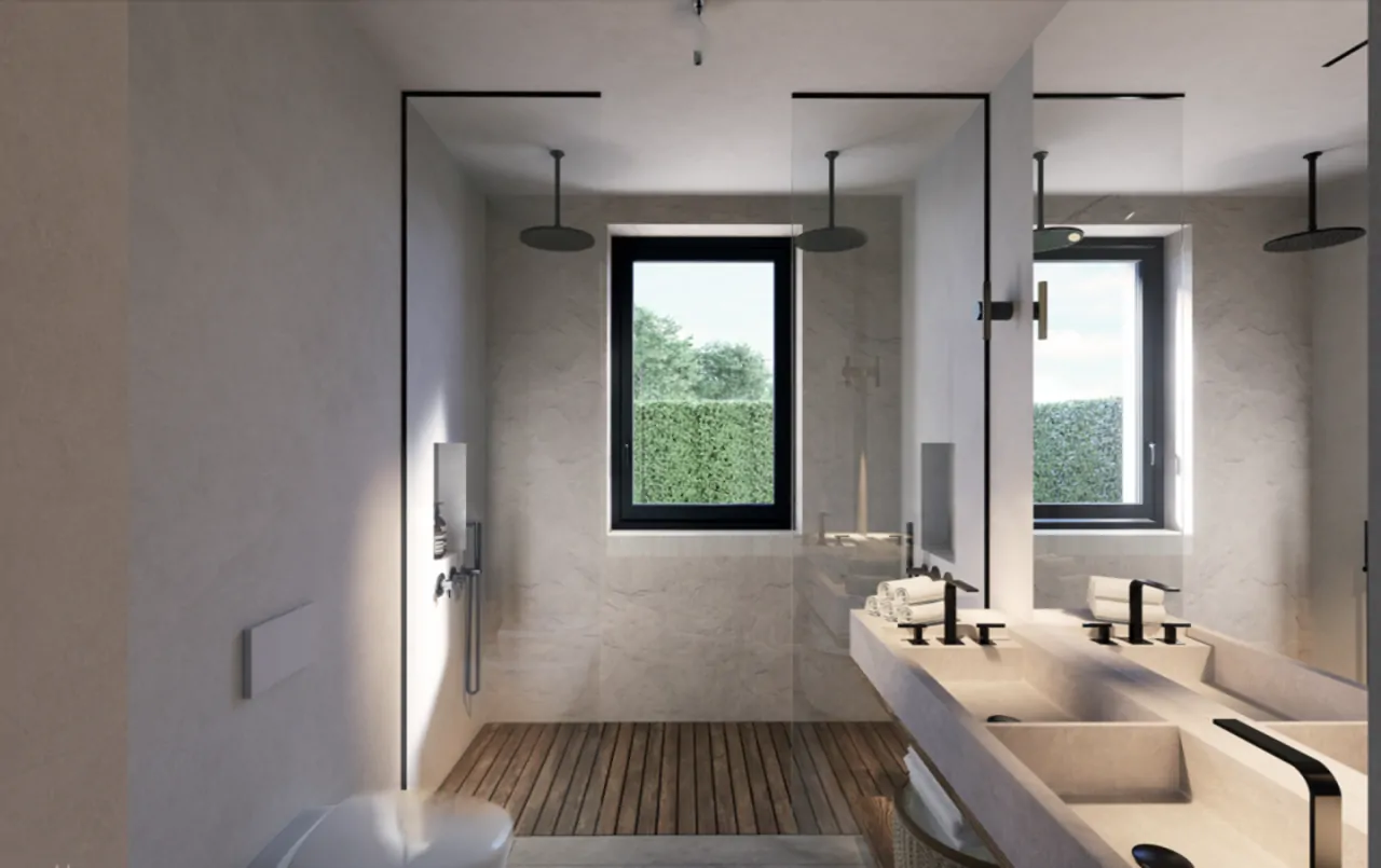 Bathroom with wooden floor shower and double sink
