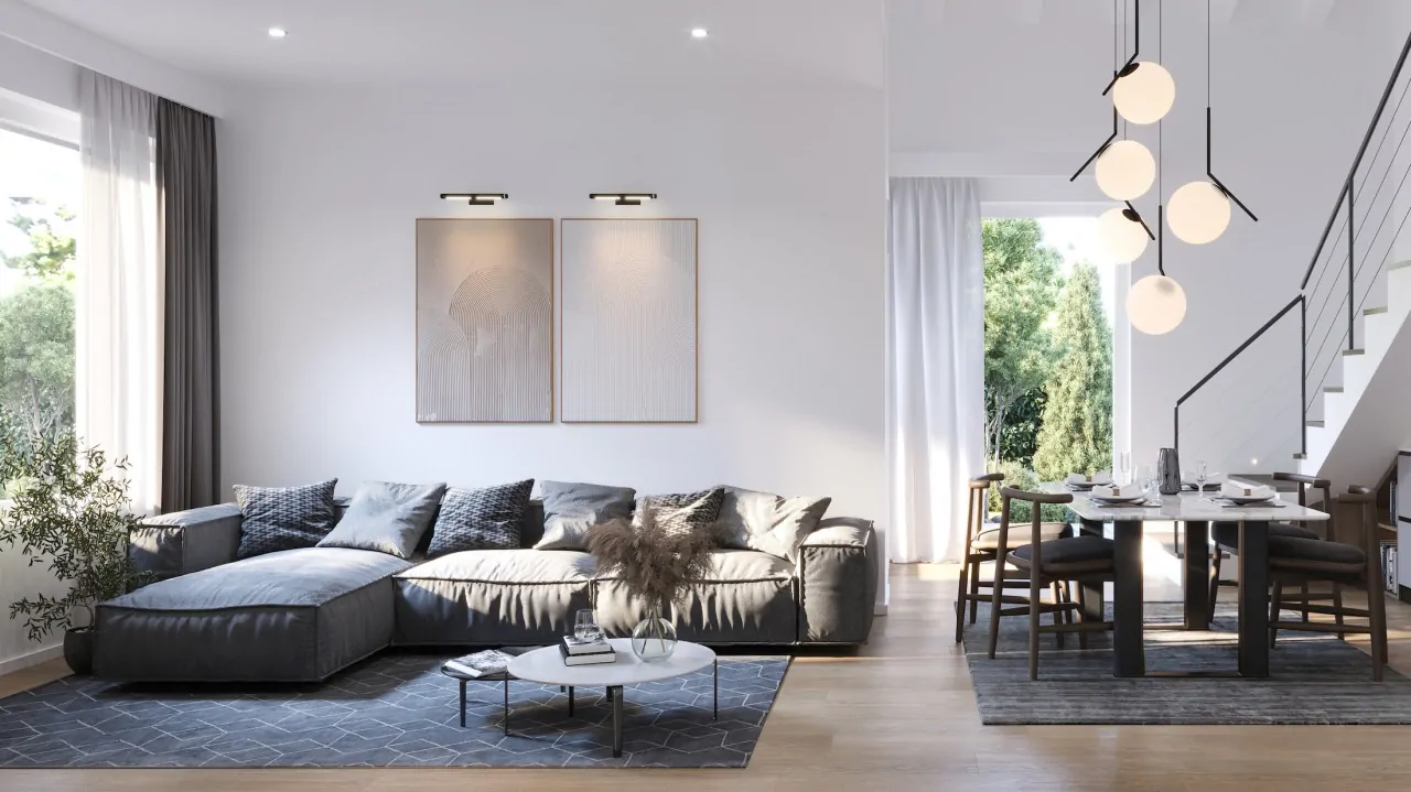 Living room with sectional sofa and dining table near internal stairs