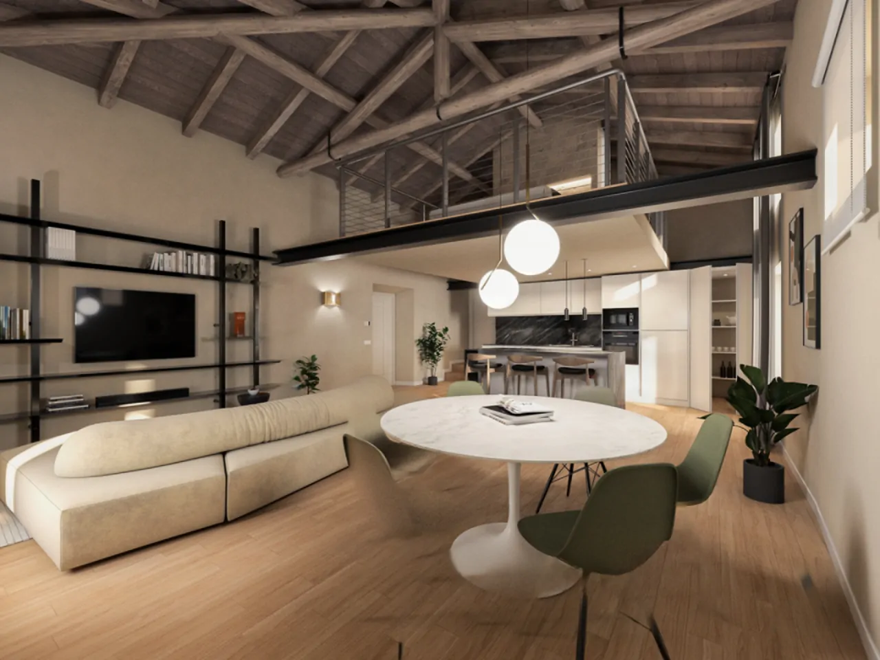 Soggiorno con divano beige, tavolo rotondo e cucina a vista con soppalco