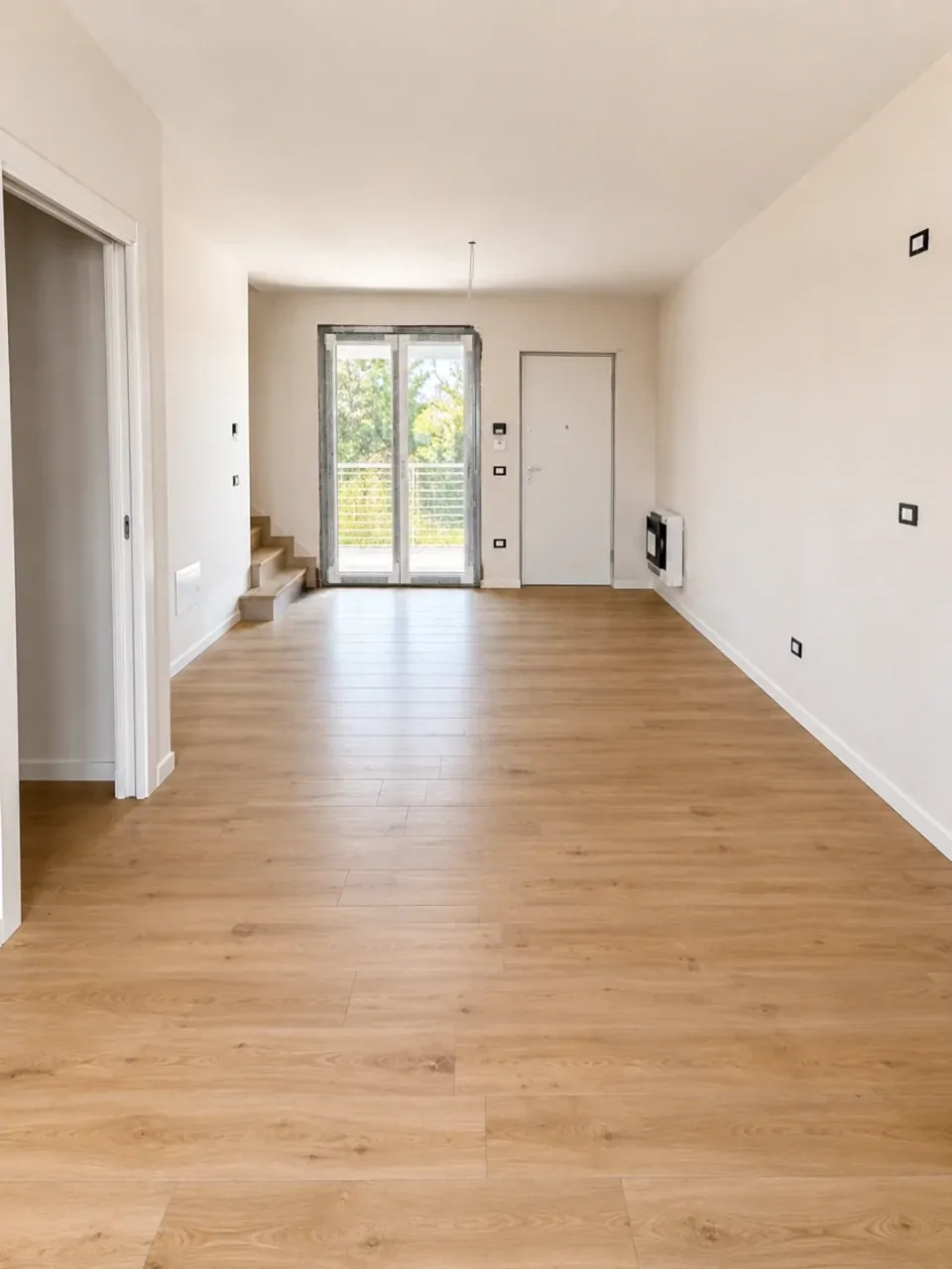 Soggiorno vuoto con porta finestra e pavimento in legno chiaro