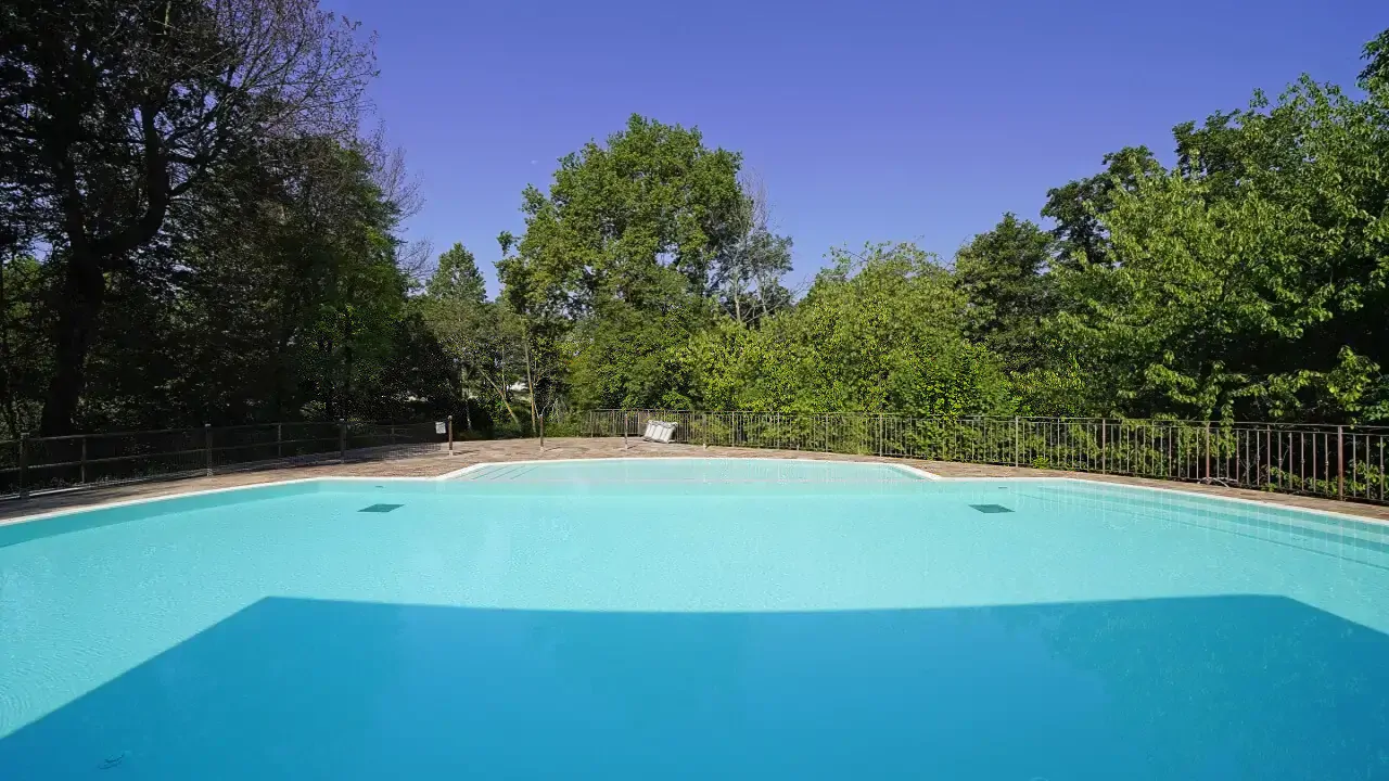 Piscina all'aperto con bordo in pietra e alberi intorno