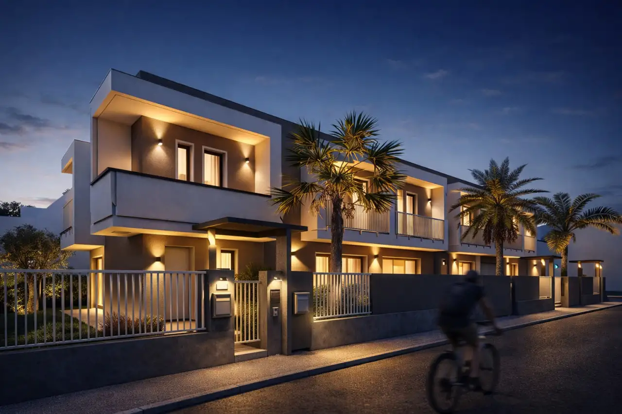 Facciata esterna della villa moderna illuminata di sera con palme davanti
