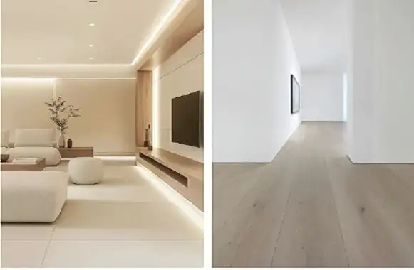Moderner Wohnraum mit hellen Sofas und LED-Beleuchtung