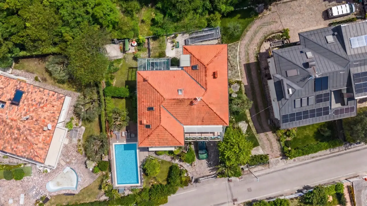 Aerial view of the villa with pool and garden