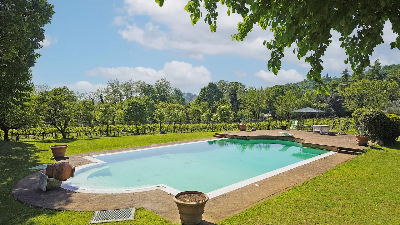 Swimming pool with brick border and green lawn around