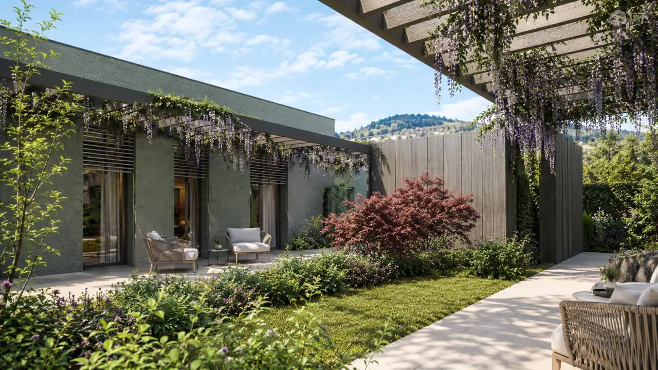 Garden with pergola and flowering plants