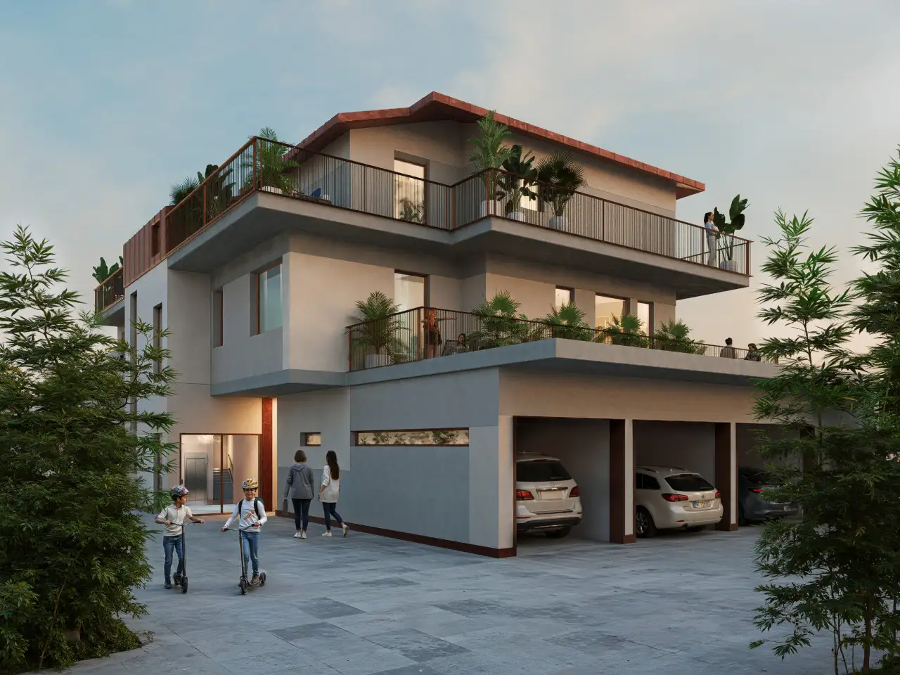 Außenansicht der Residenz mit Garage und Balkonen