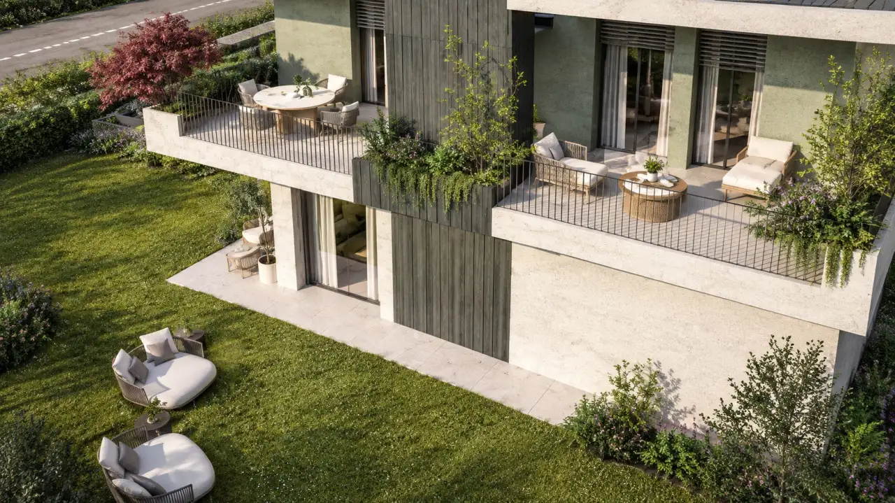 Exterior facade with terraces and furnished garden