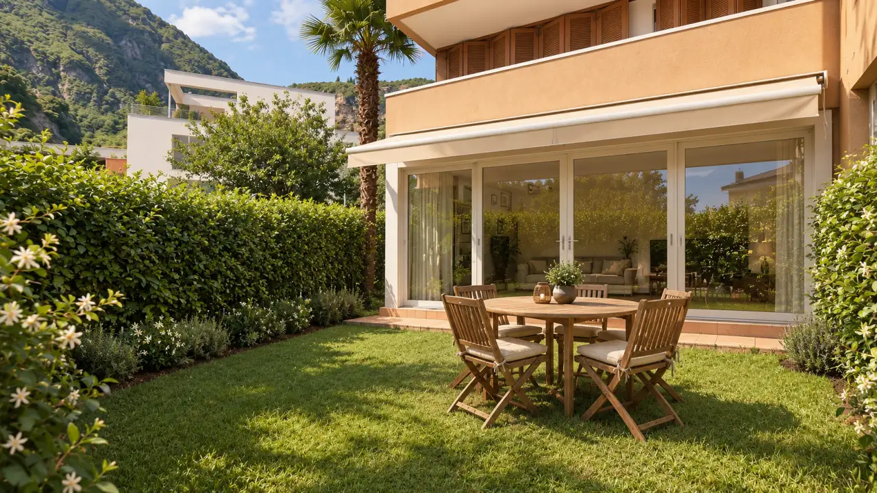 Garten mit rundem Holztisch und Stühlen vor Schiebetür aus Glas