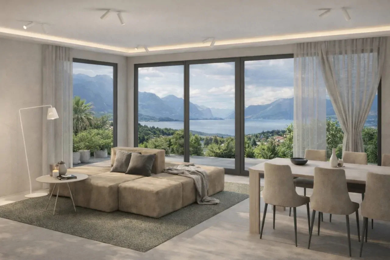 Living room with modular sofa and dining table near large windows