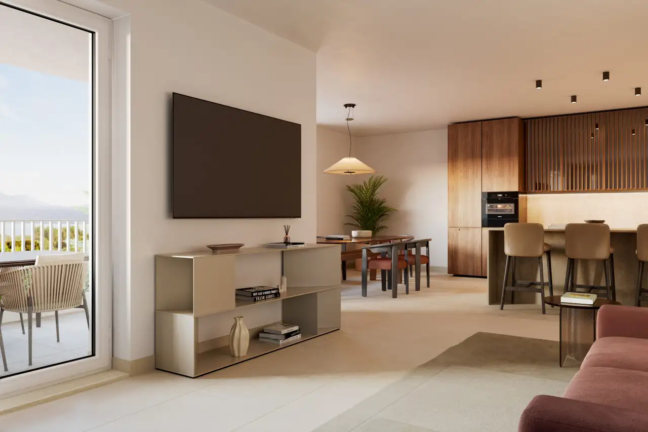 Soggiorno con mobile TV e porta finestra sulla terrazza