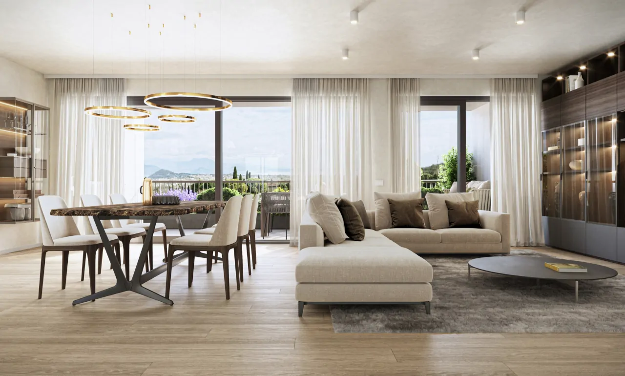 Wohnzimmer mit Ecksofa und Esstisch neben großen Fenstern