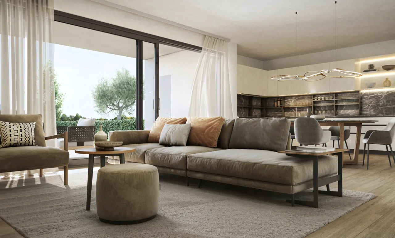 Wohnzimmer mit Sofa und Sessel vor Schiebetür zum Garten