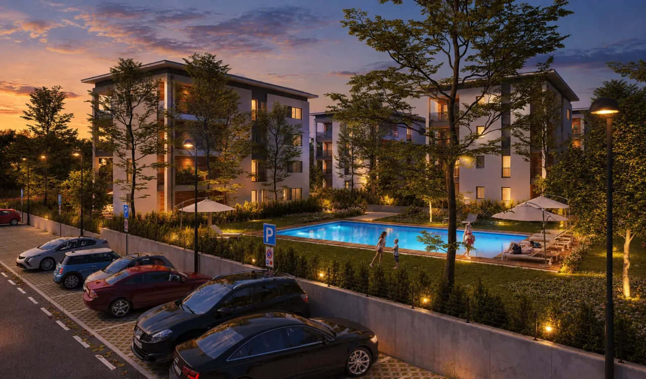 Residential complex with illuminated pool and parking lot at dusk