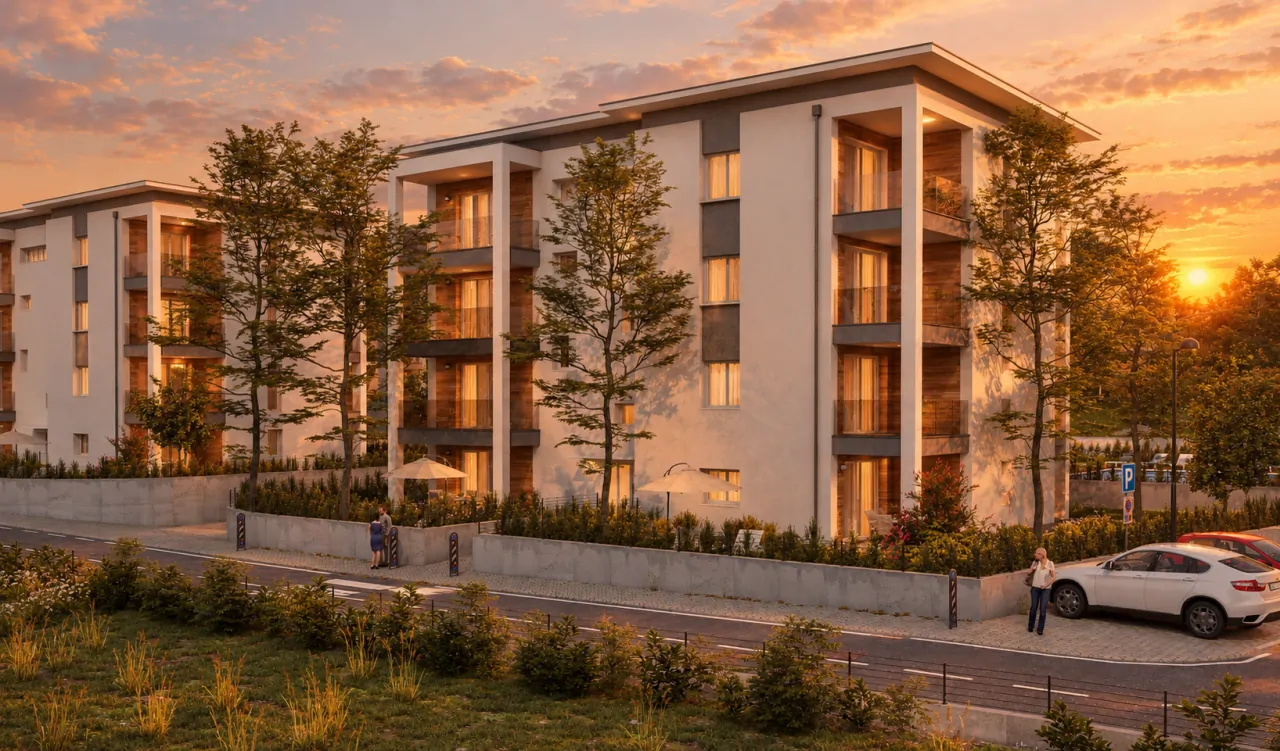 Modern residential building at sunset with trees and parking