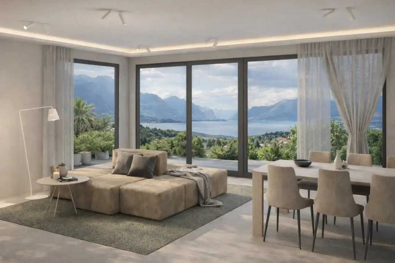 Living room with modular sofa and dining table near large windows